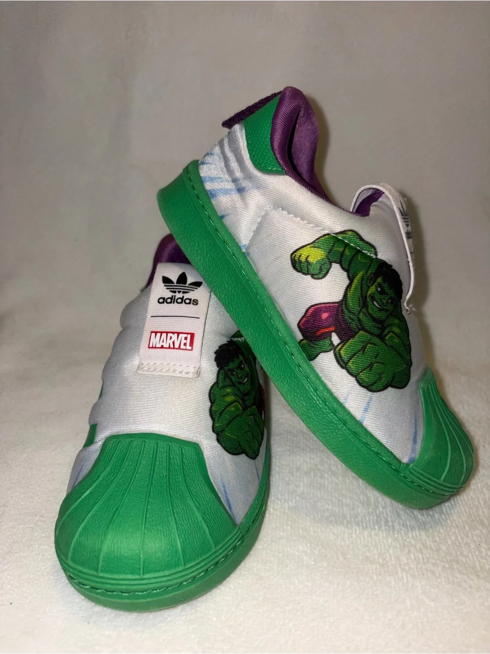 adidas Kids Marvel Hulk Slip-On Sneakers - Green, White, Purple kid 8.5